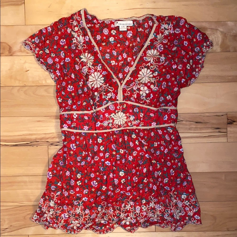 Forever 21 Red Floral Embroidered Top